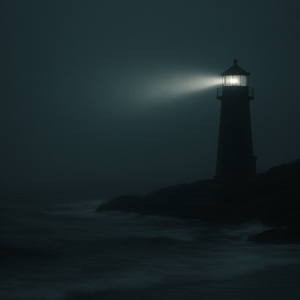 Lighthouse beam cutting through sea fog — symbolising steady incident leadership.